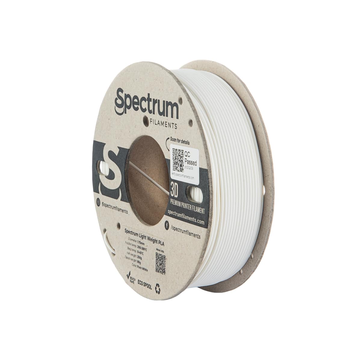 Køb Spectrum Filaments - PLA Light Weight - 1.75mm - Pure White - 1 kg 3d printer - Pris 160.00 kr.
