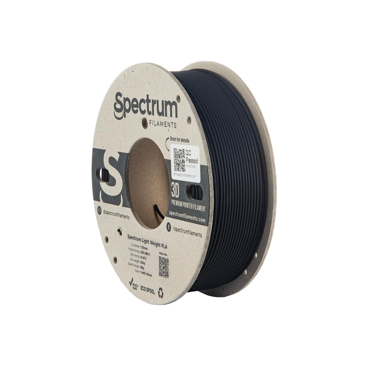 Køb Spectrum Filaments - PLA Light Weight - 1.75mm - Traffic Black - 1 kg filament - Pris 160.00 kr.
